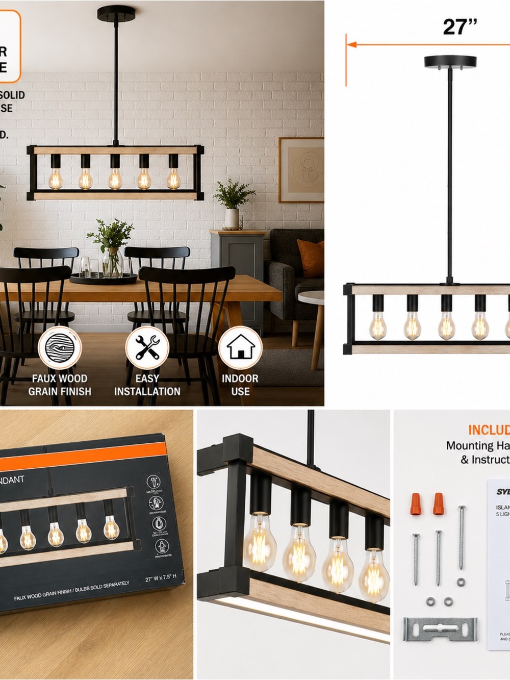 Sylvania 27"Island Pendant Light Fixture 5-Bulb Adjustable Height Hardwire New